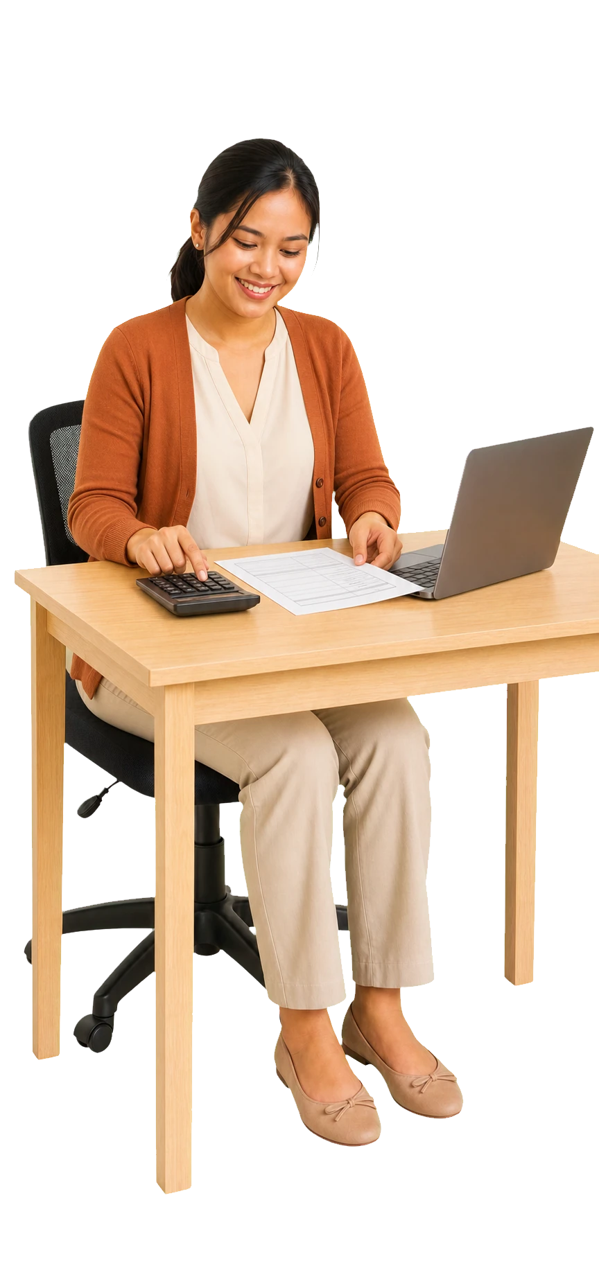 Filipina freelancer reviewing financial records for tax preparation